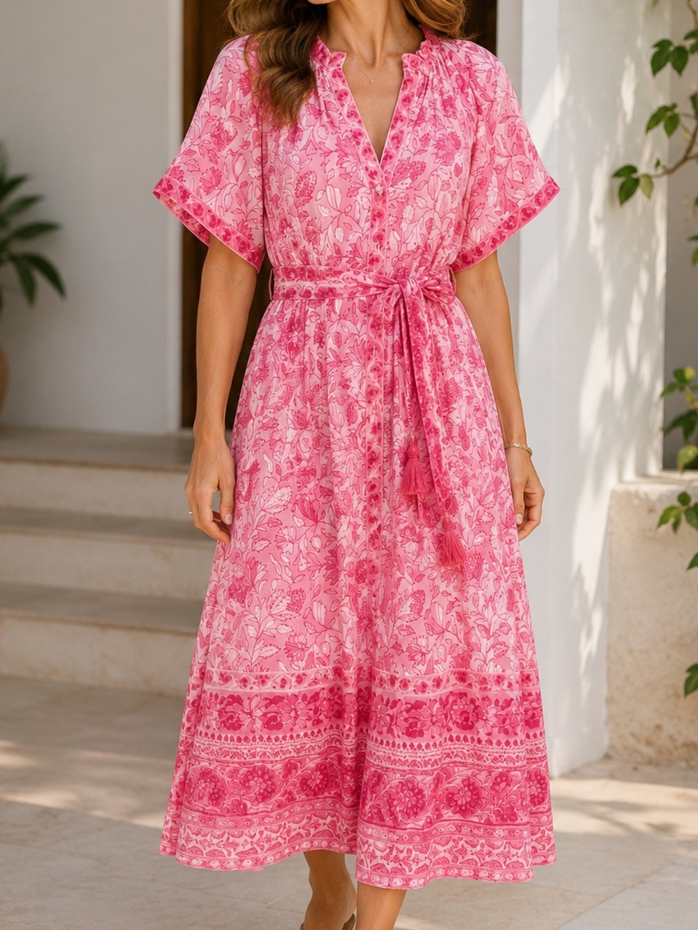 Bella Tu Pink Floral V-Neck Maxi Dress